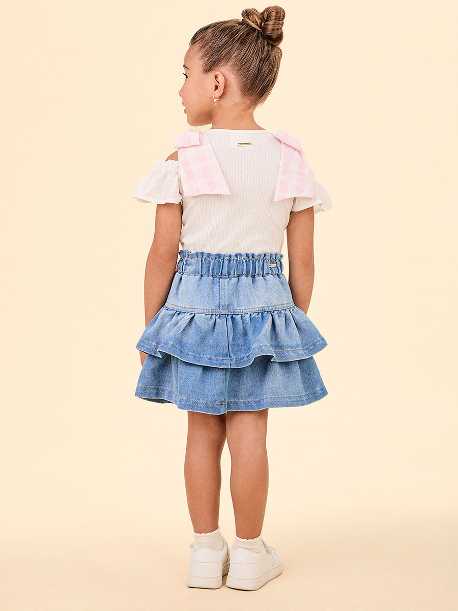 Conjunto Infantil Animê Verão Saia Jeans e Blusa Laços Rosas
