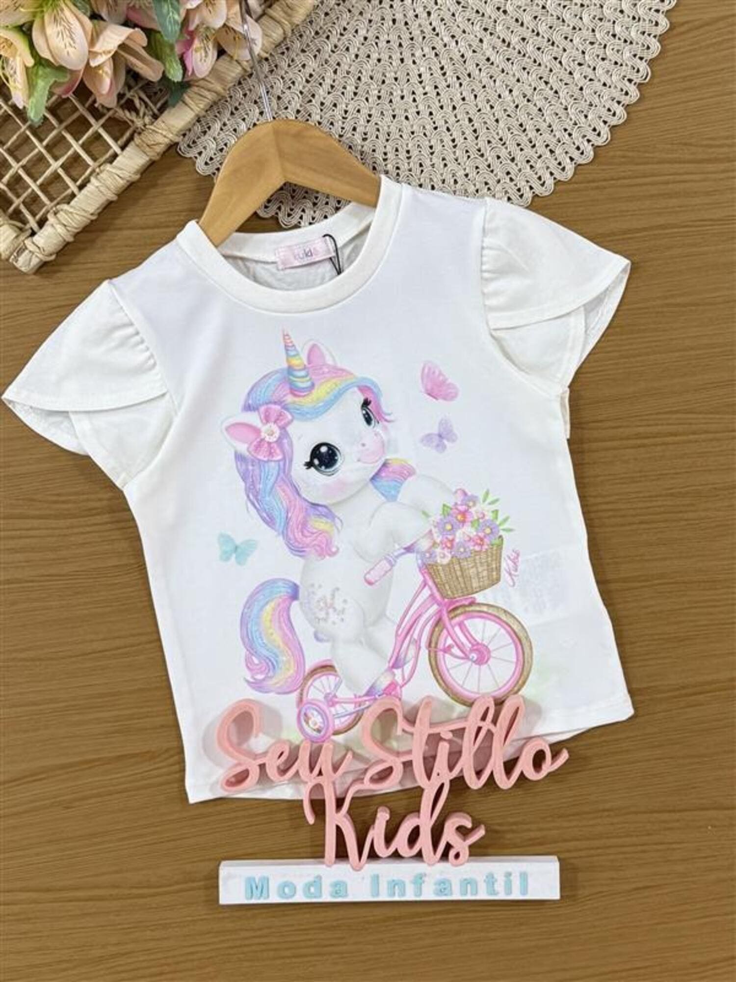 Blusa Infantil Kukiê Verão Branca Unicórnio com Strass
