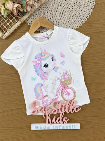 Blusa Infantil Kukiê Verão Branca Unicórnio com Strass