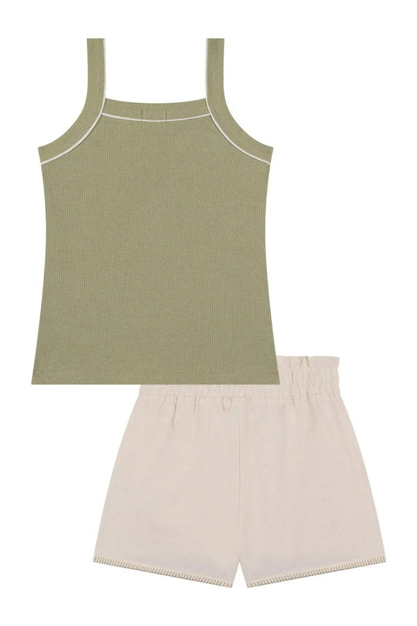 Conjunto Infantil Kukiê Verão com Shorts Off White e Regata Verde Alecrim