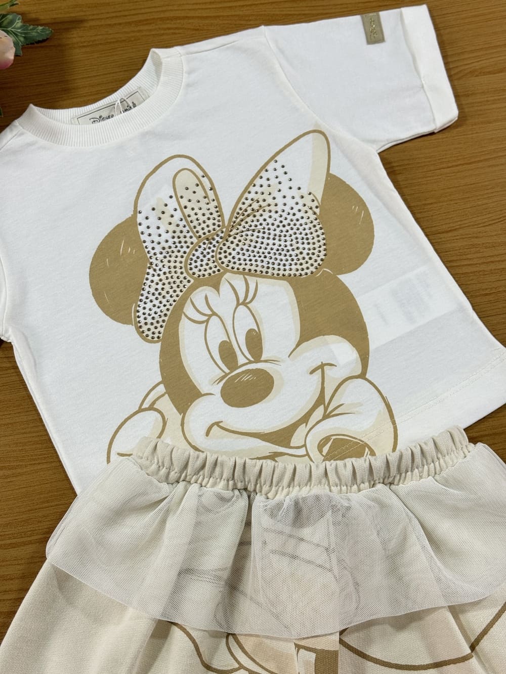 Conjunto Infantil Animê Verão Saia e Blusa Minnie Bege Disney