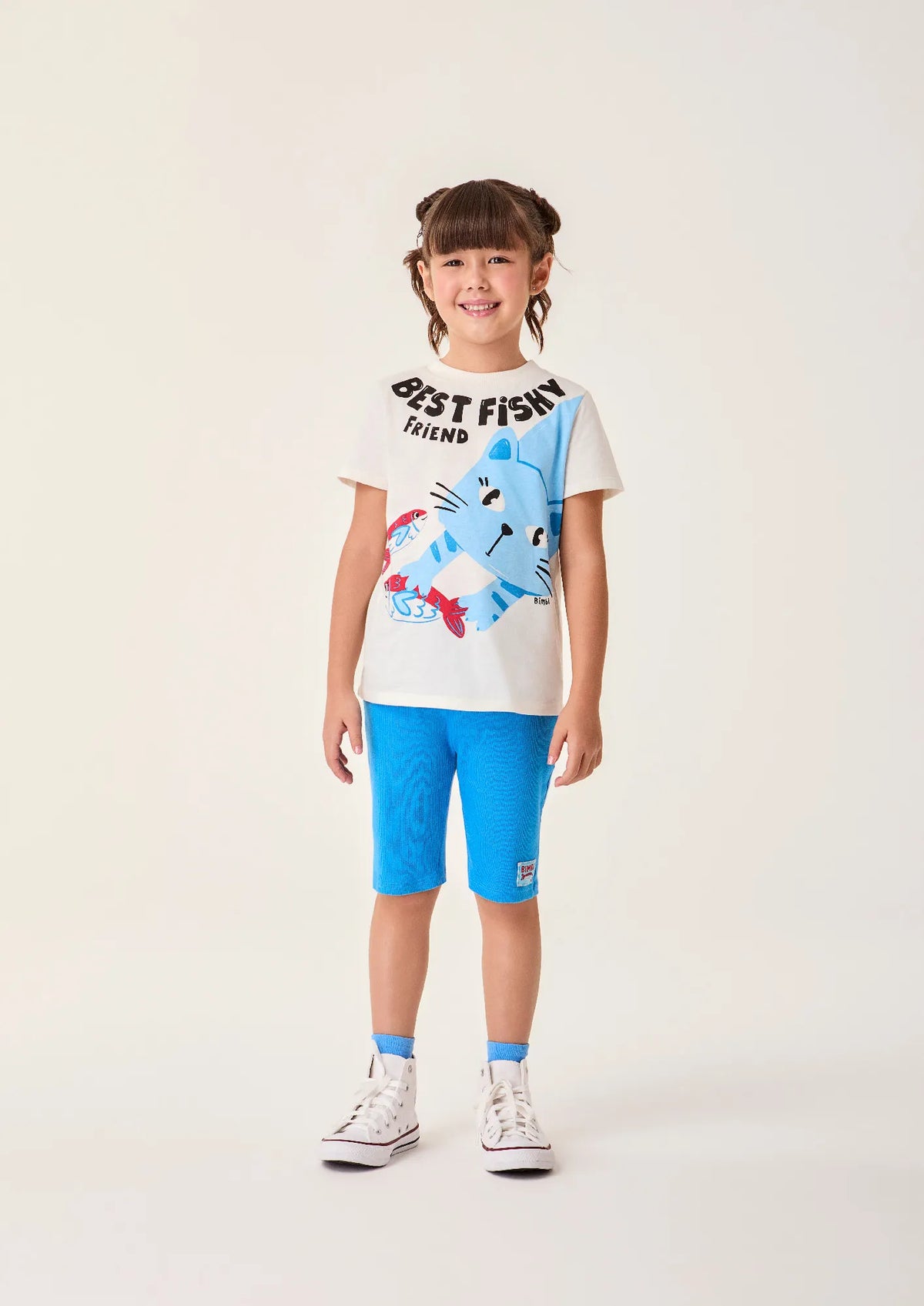 Conjunto Infantil Menina Bimbi Shorts Ciclista Azul e Blusa Cat and Fish