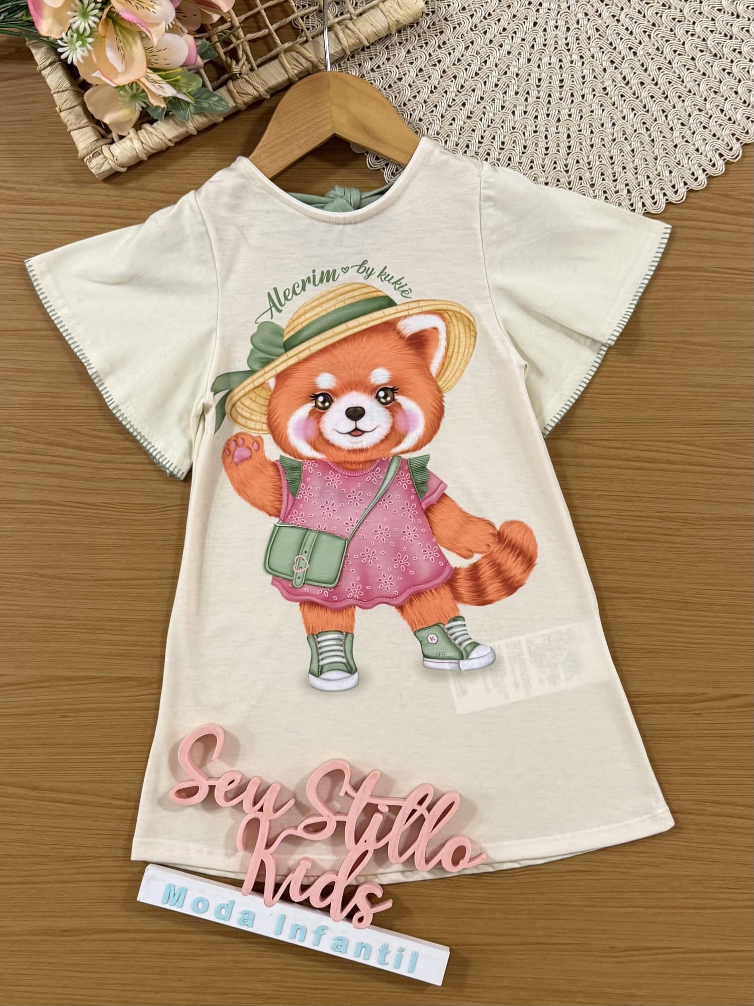 Vestido Infantil Kukiê Verão Bege Pandinha Vermelho