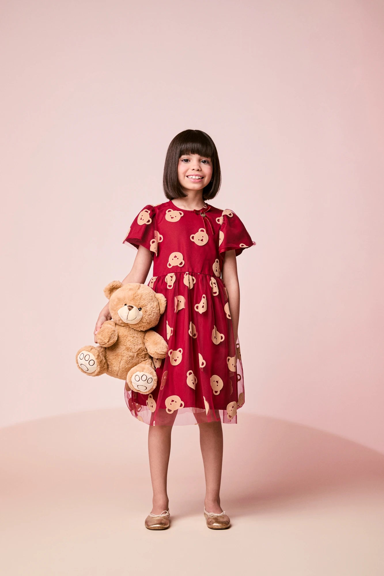 Vestido Infantil Momi Inverno Vermelho em Tule Ursinhos