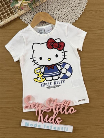 Blusa Infantil Momi Verão Branca Hello Kitty Estilo Náutico