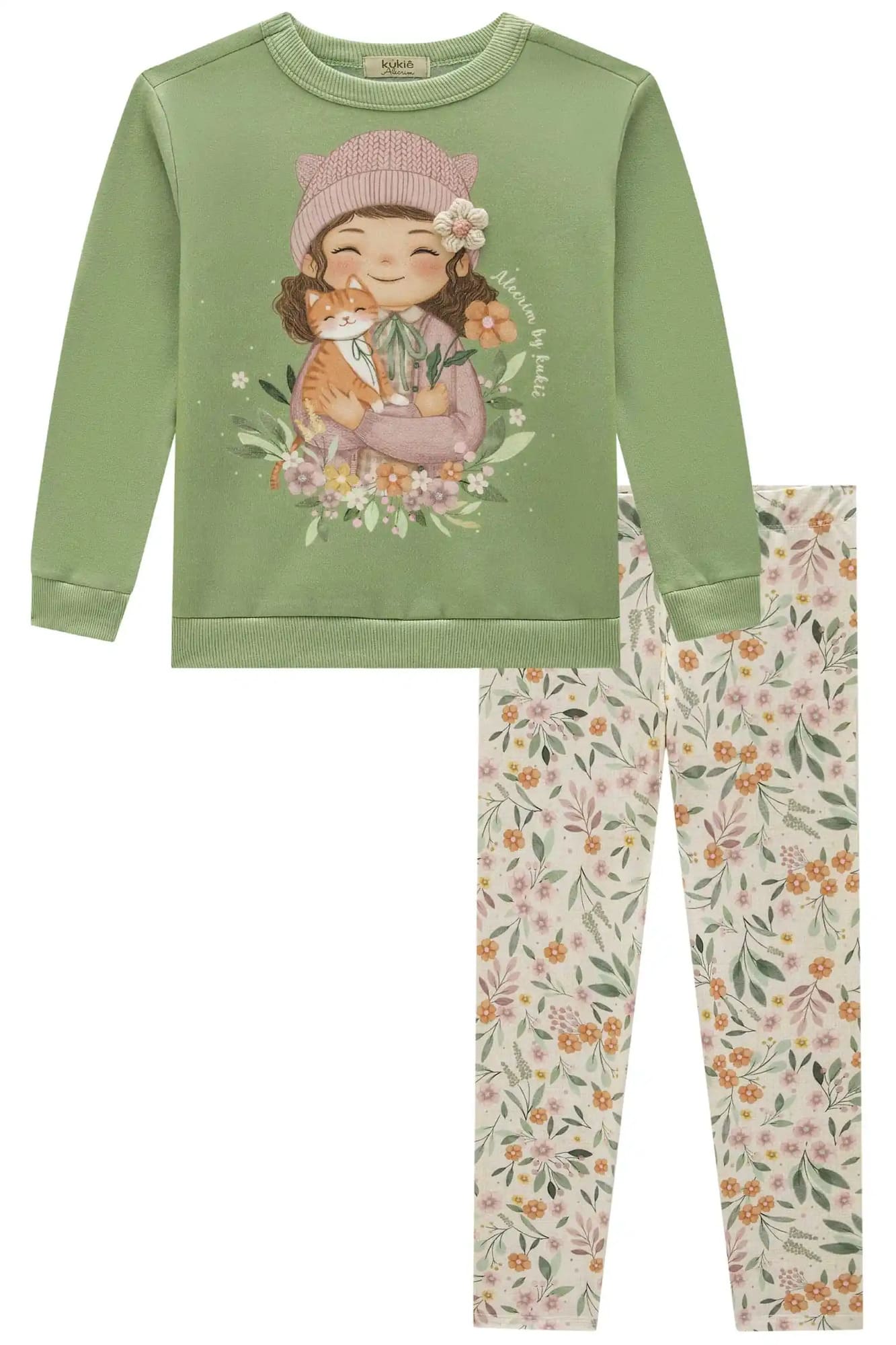 Conjunto Infantil Kukiê Inverno com Calça Legging e Casaco Verde Menina do Campo