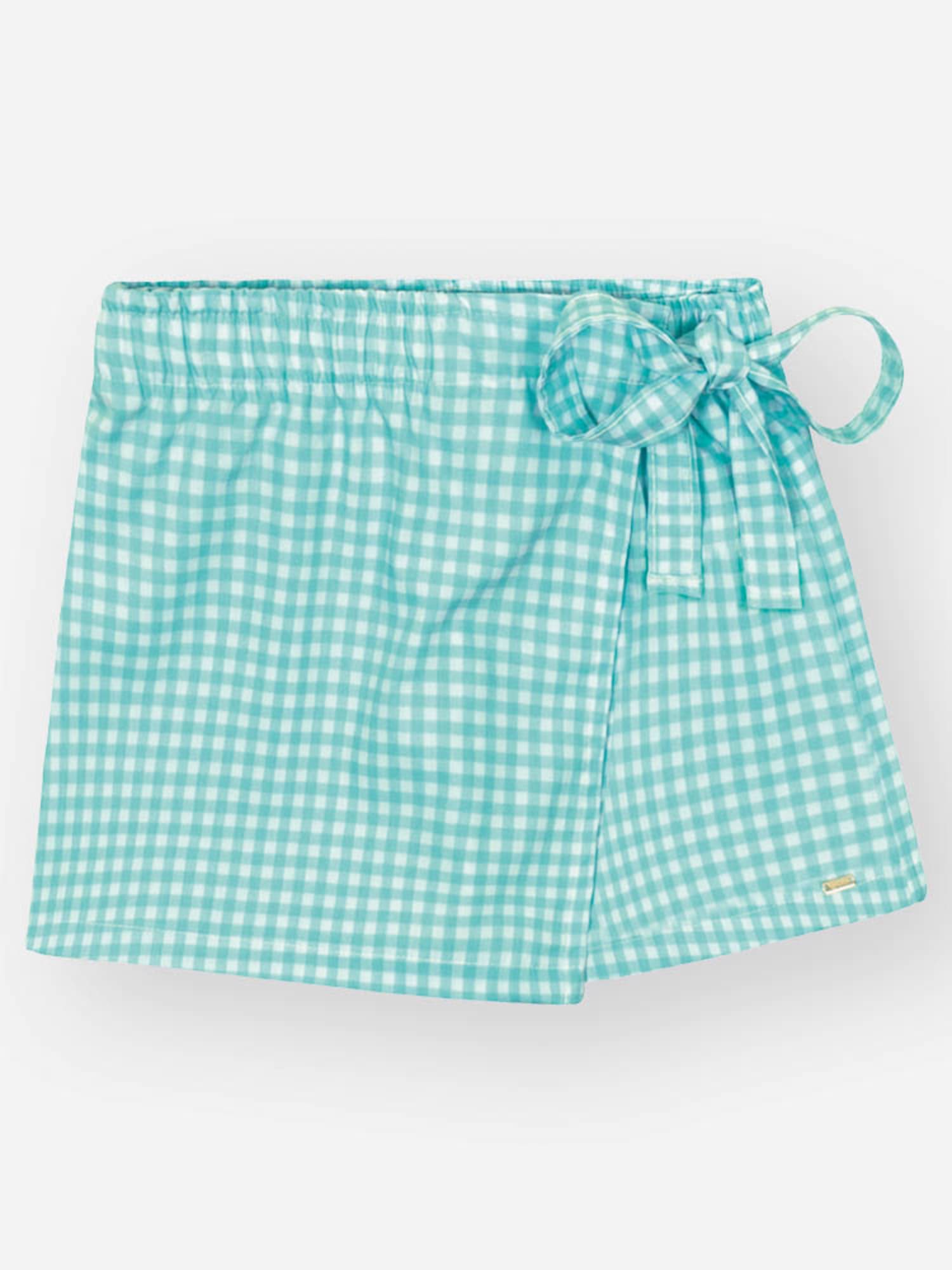 Conjunto Infantil Cinti Verão com Shorts Saia e Cropped Xadrez Azul Ursinha