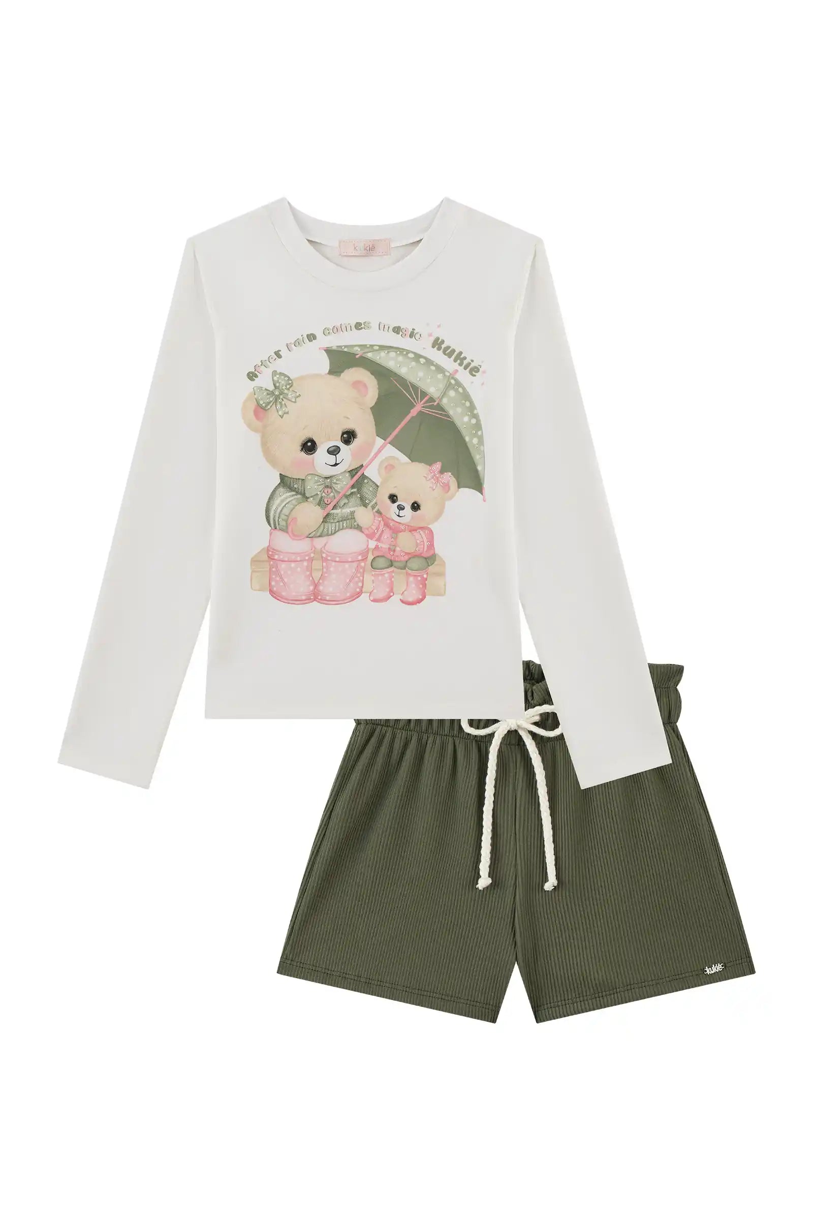 Conjunto Infantil Kukiê Inverno com Shorts Verde e Blusa Manga Longa Ursinhas na Chuva