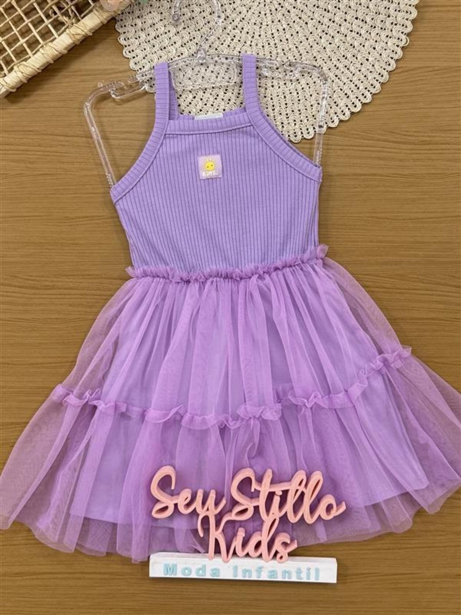 Vestido Infantil Bimbi Verão Lilás com Sobreposição em Tule