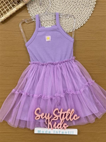 Vestido Infantil Bimbi Verão Lilás com Sobreposição em Tule