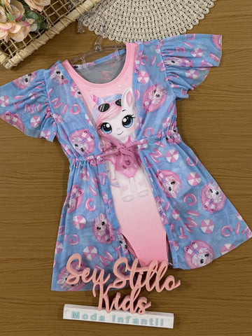 Maiô Infantil Cinti Verão Rosa Unicórnio com Saida de Praia Azul