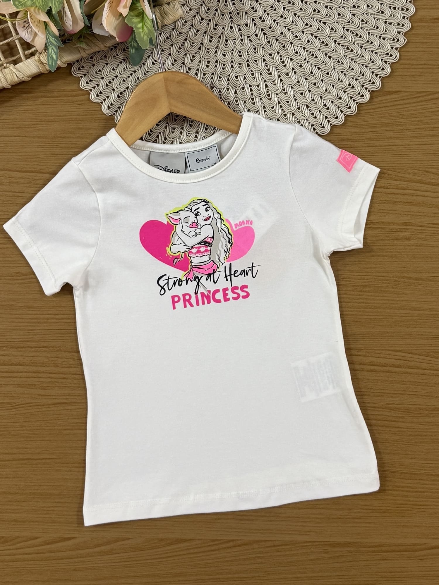 Conjunto Infantil Bimbi Verão com Saia Rosa e Blusa Branca Princesa Moana Disney