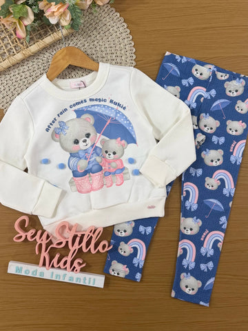 Conjunto Infantil Kukiê Inverno com Calça Legging Azul e Moletom Flanelado Ursinhas Pom Pom