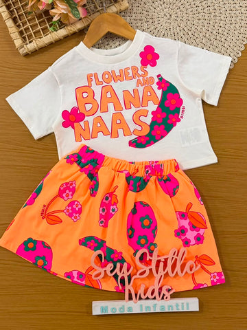 Conjunto Infantil Menina Bimbi com Saia Laranja e Blusa Branca Flowers e Bananas