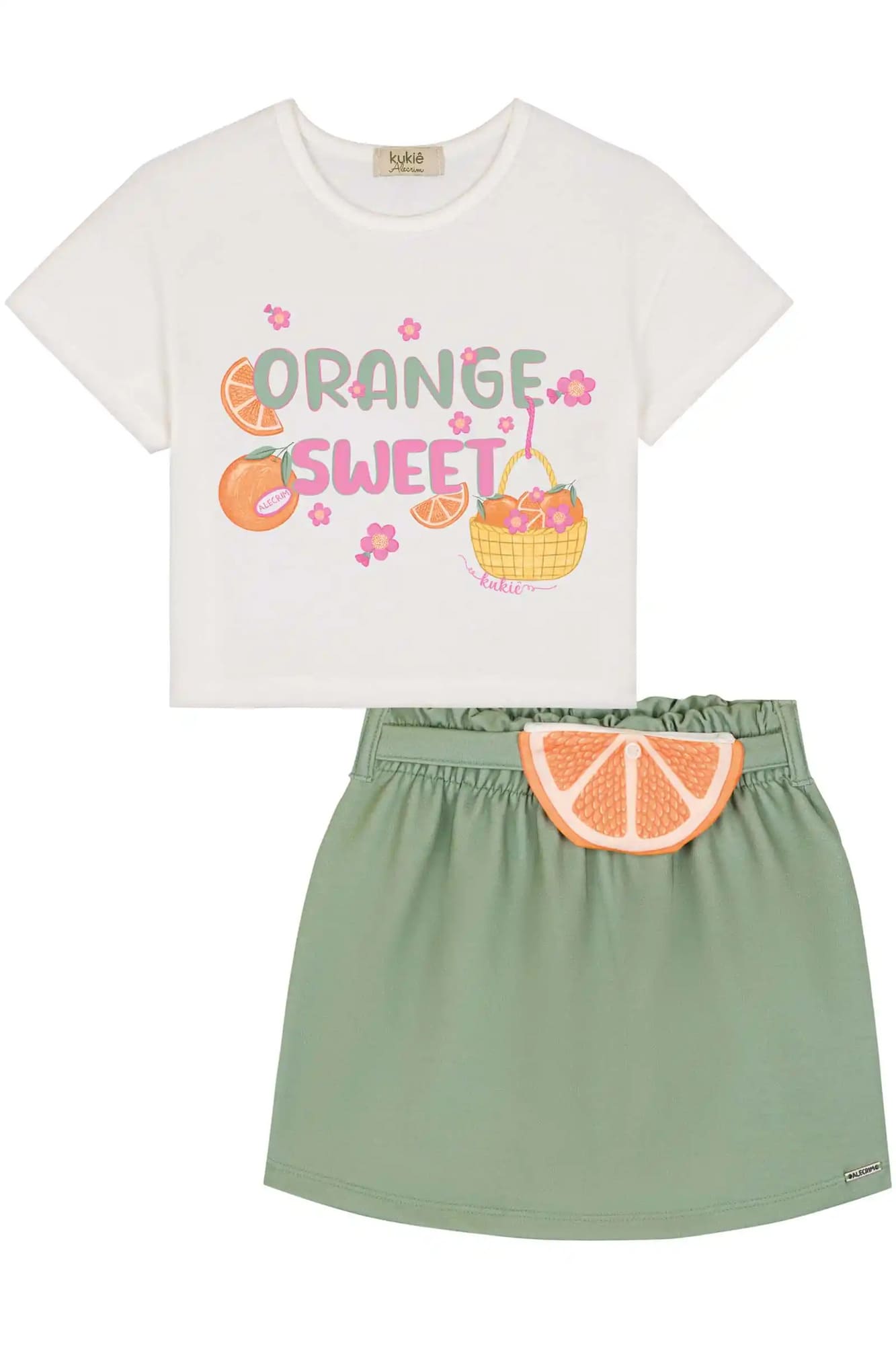 Conjunto Infantil Kukiê Verão com Short Saia com bolsinha e Blusa Branca Laranjinha