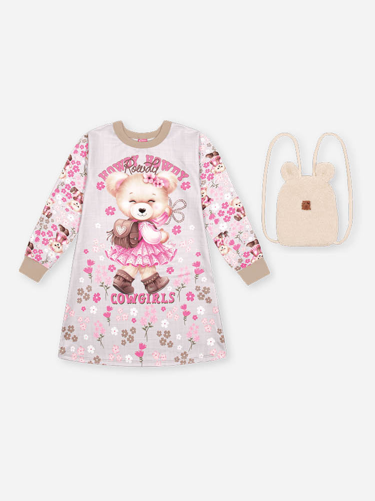 Vestido Infantil Cinti Inverno Flanelado Bege com Bolsinha Ursinha Cow Girls