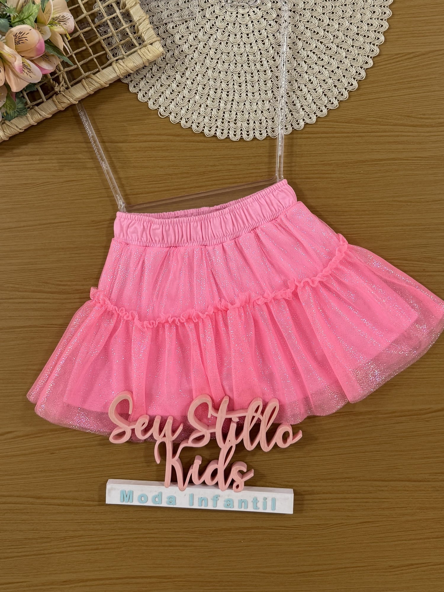Saia Infantil Cinti Verão Rosa em Tule com Brilho