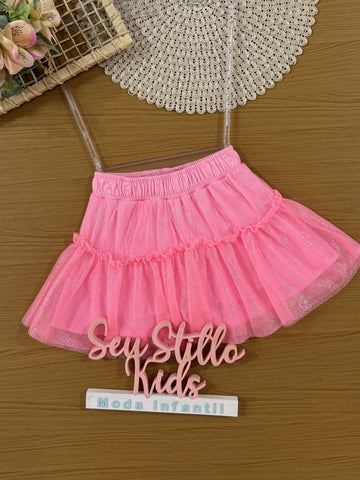Saia Infantil Cinti Verão Rosa em Tule com Brilho