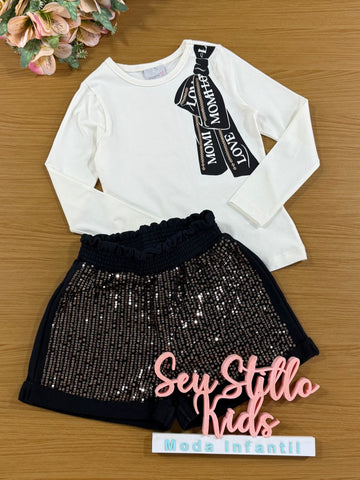 Conjunto Infantil Momi Inverno Shorts Paetê e Blusa Manga Longa Laço