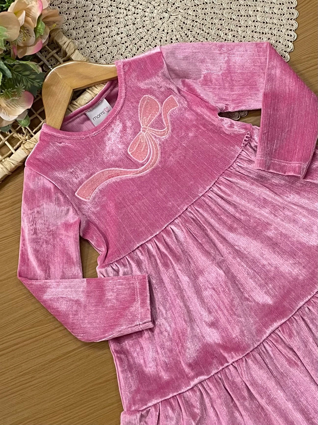 Vestido Infantil Momi Inverno Rosa Lacinho com Bordado