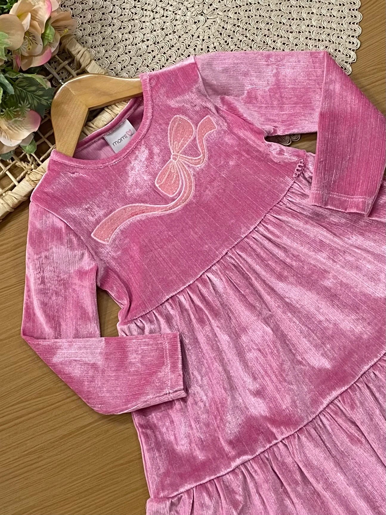 Vestido Infantil Momi Inverno Rosa Lacinho com Bordado