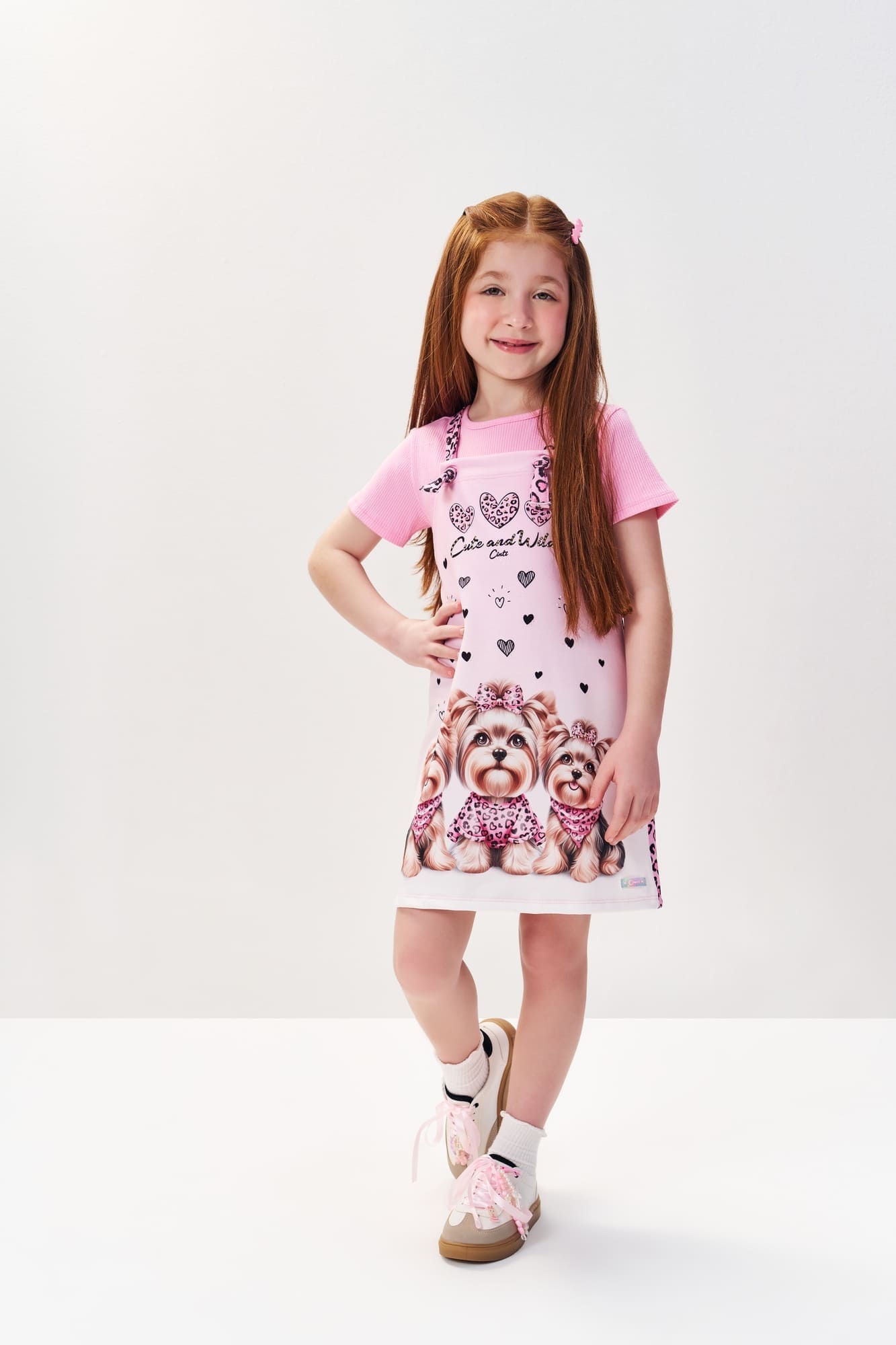 Salopete Infantil Cinti com Blusa Rosa Cachorrinha