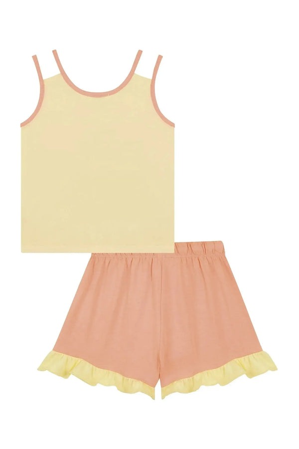 Pijama Infantil Kukiê Verão com Shorts Laranja e Regata Amarela Bichinhos Karaoke