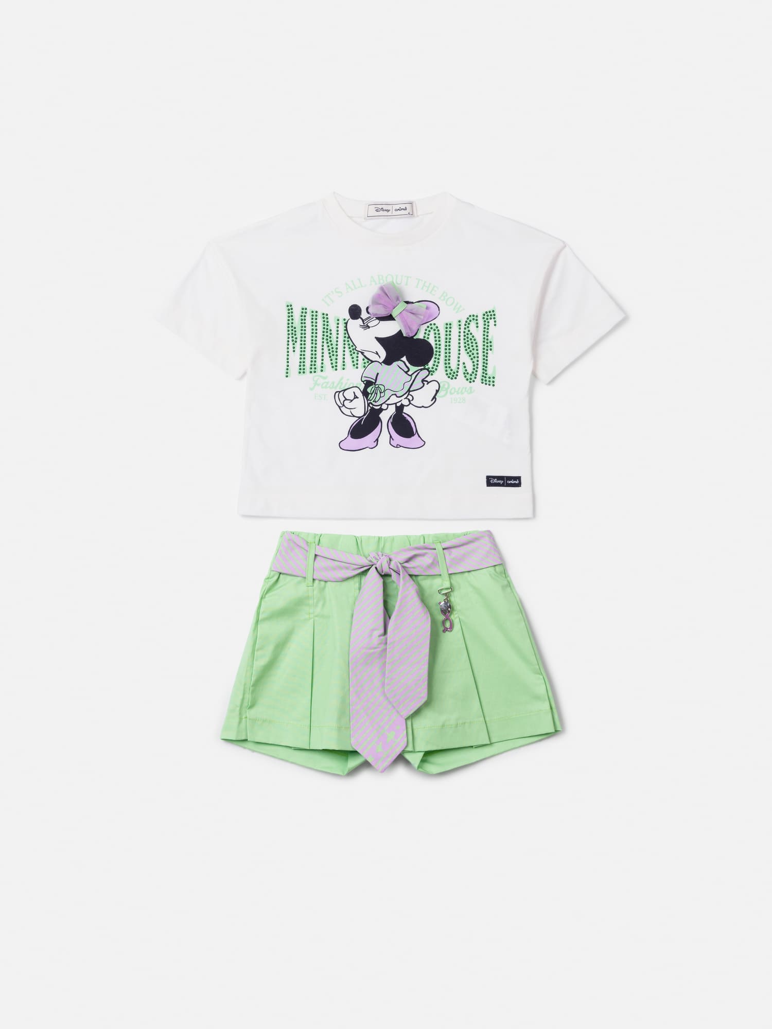 Conjunto Infantil Animê Verão, Shorts Saia Verde e Blusa Branca com Laço Minnie Disney
