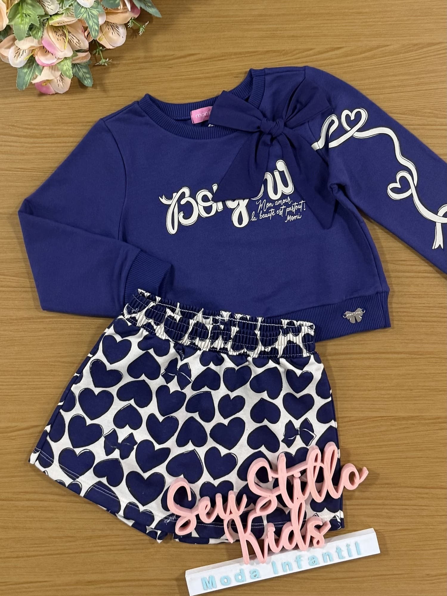 Conjunto Infantil Momi Inverno Short Saia e Casaco Azul com Laço