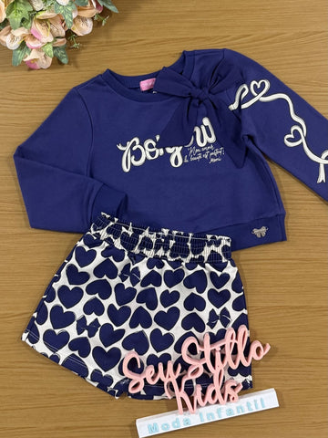 Conjunto Infantil Momi Inverno Short Saia e Casaco Azul com Laço