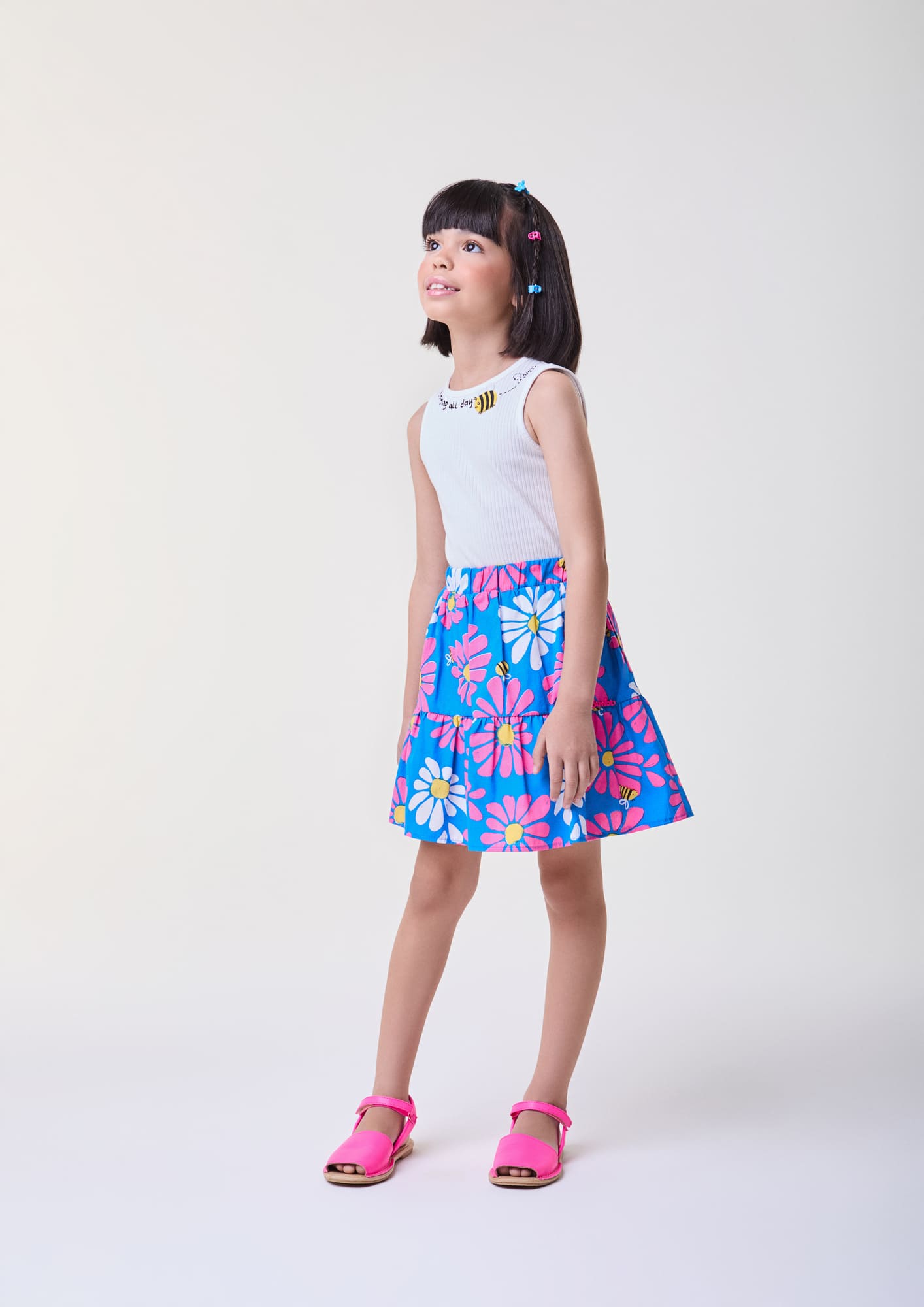 Conjunto Infantil Bimbi Verão com Saia Floral e Blusa Branca Abelhinha
