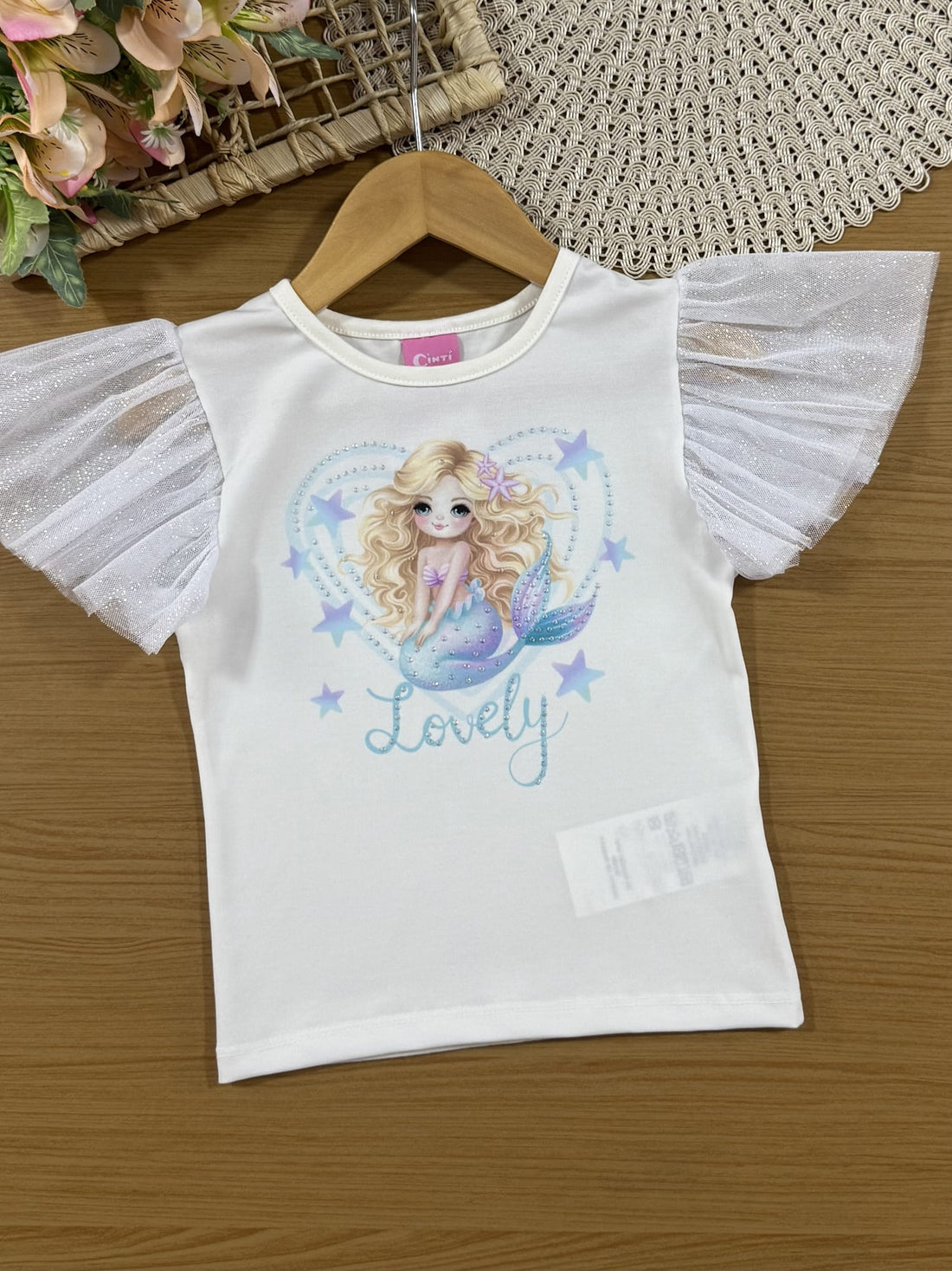 Conjunto Infantil Cinti Verão com Saia Azul em Tule e Blusa Branca Sereia