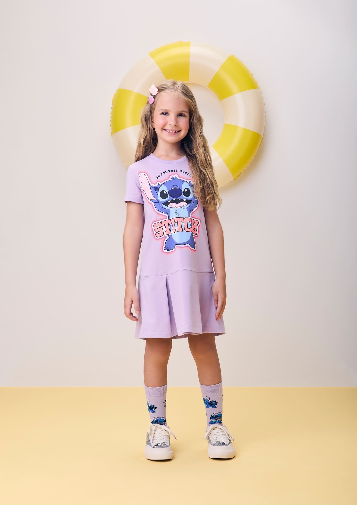 Vestido Infantil Momi Verão Lilás Stitch com Strass Disney