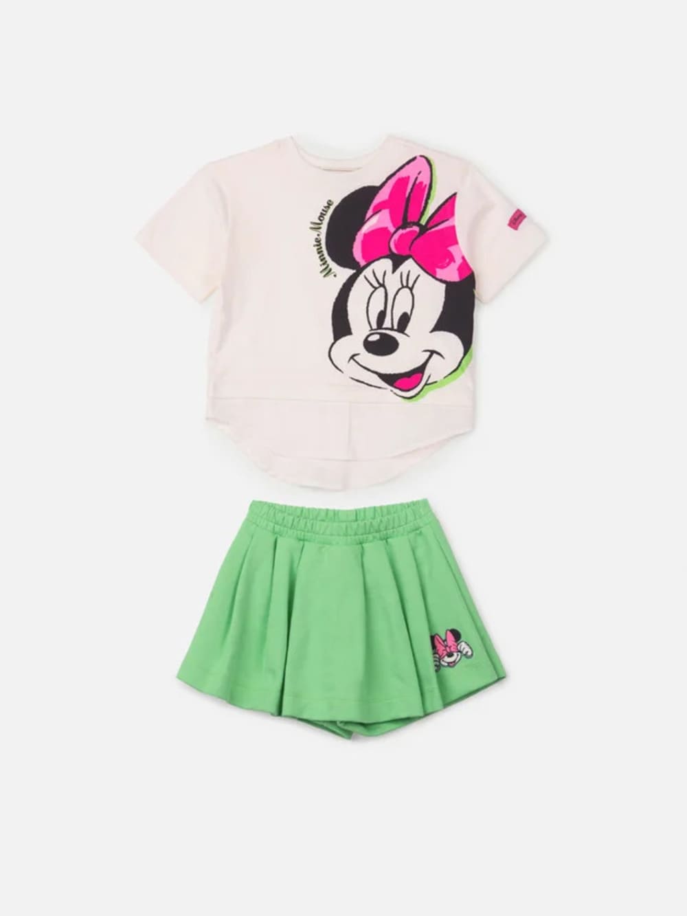 Conjunto Infantil Animê Verão Shorts Saia Verde e Blusa Minnie Disney