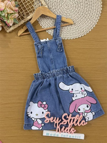 Salopete Infantil Momi Verão Jeans Hello Kitty e Amigos