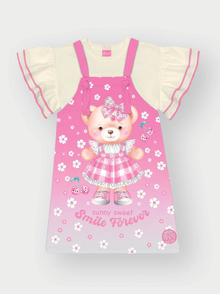 Salopete Infantil Cinti Verão Rosa com Blusa Branca Ursinha Floral