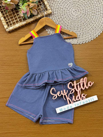 Conjunto Infantil Menina Cinti com Shorts e Blusa Azul Claro
