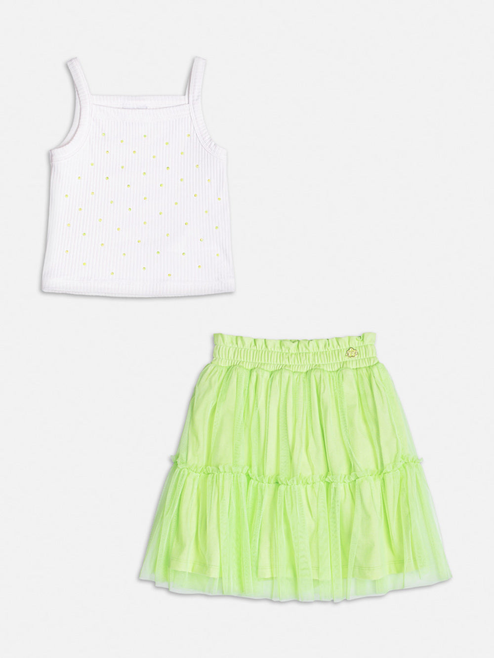 Conjunto Infantil Momi Verão Saia em Tule Verde e Blusa Canelada Com Brilho