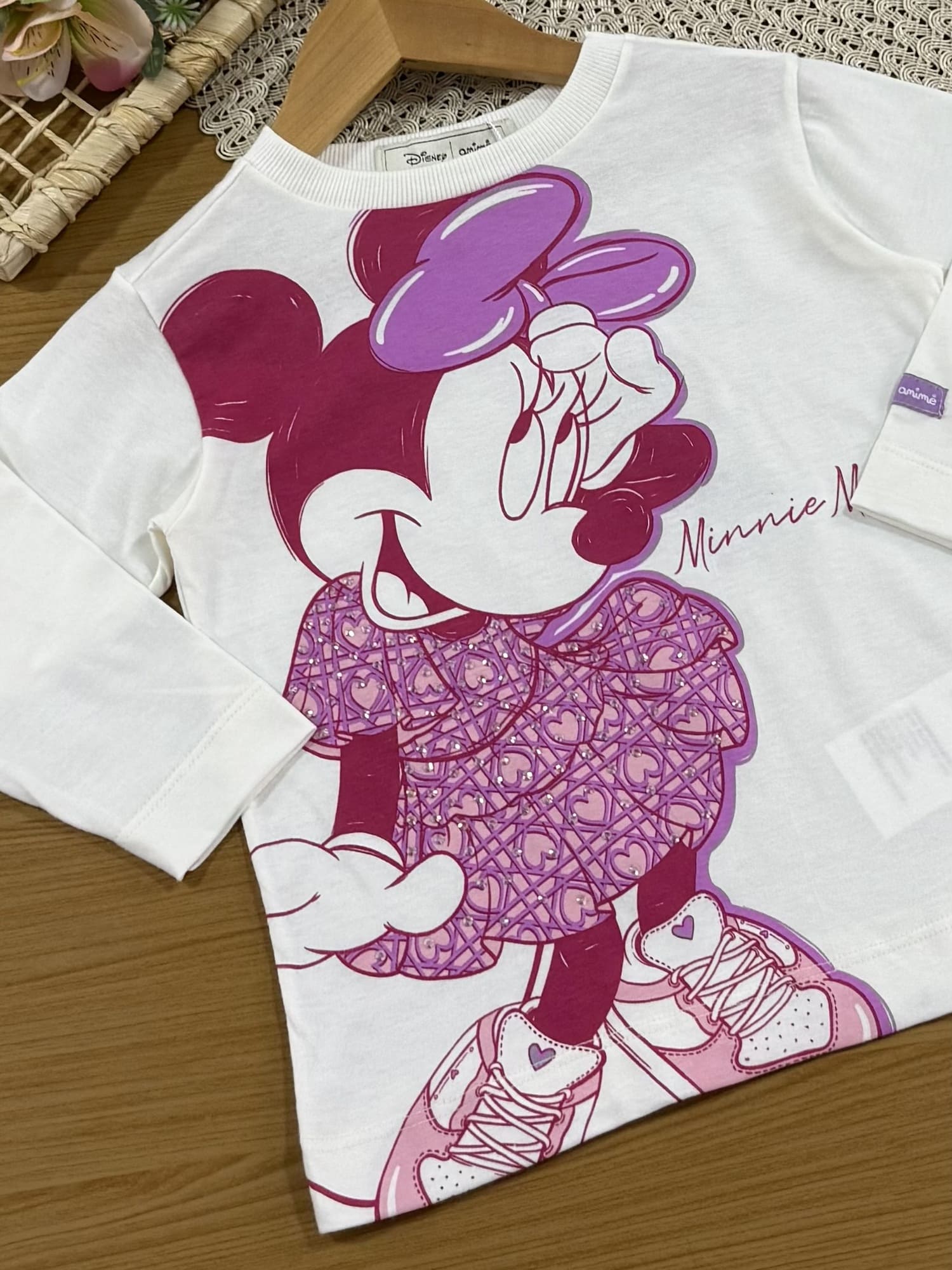 Conjunto Infantil Animê Inverno com Calça Rosa e Blusa Branca Minnie Mouse Disney