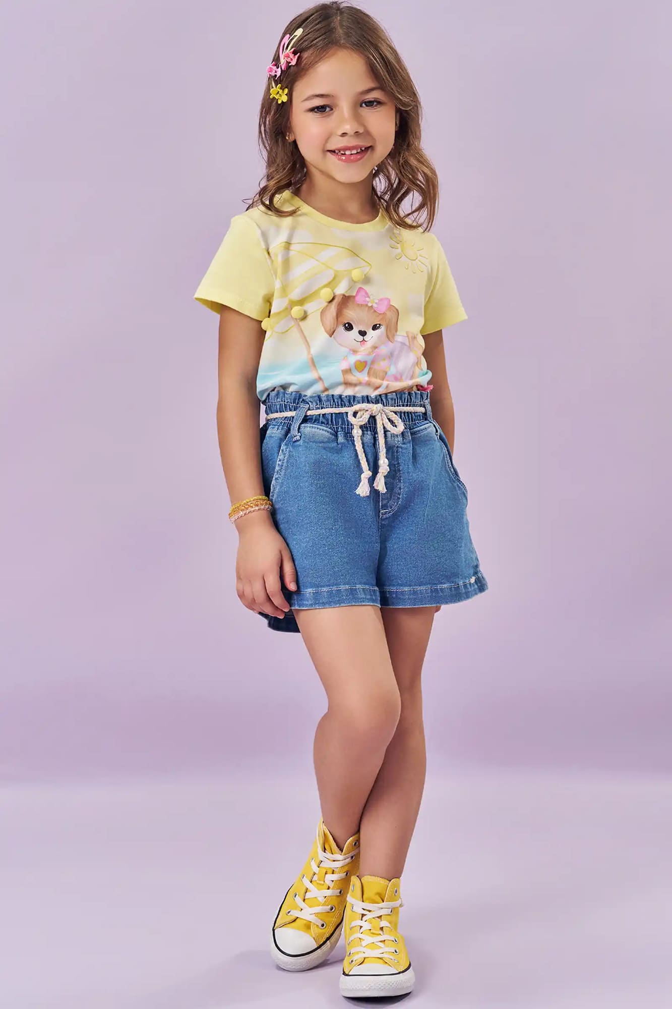 Blusa Infantil Kukiê Verão Amarela Cachorrinha na Praia