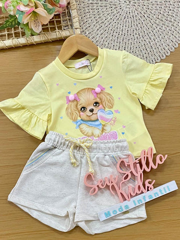 Conjunto Infantil Menina Kukiê com Shorts Off White e Blusa Boxy Amarela Cachorrinha Ice Pop