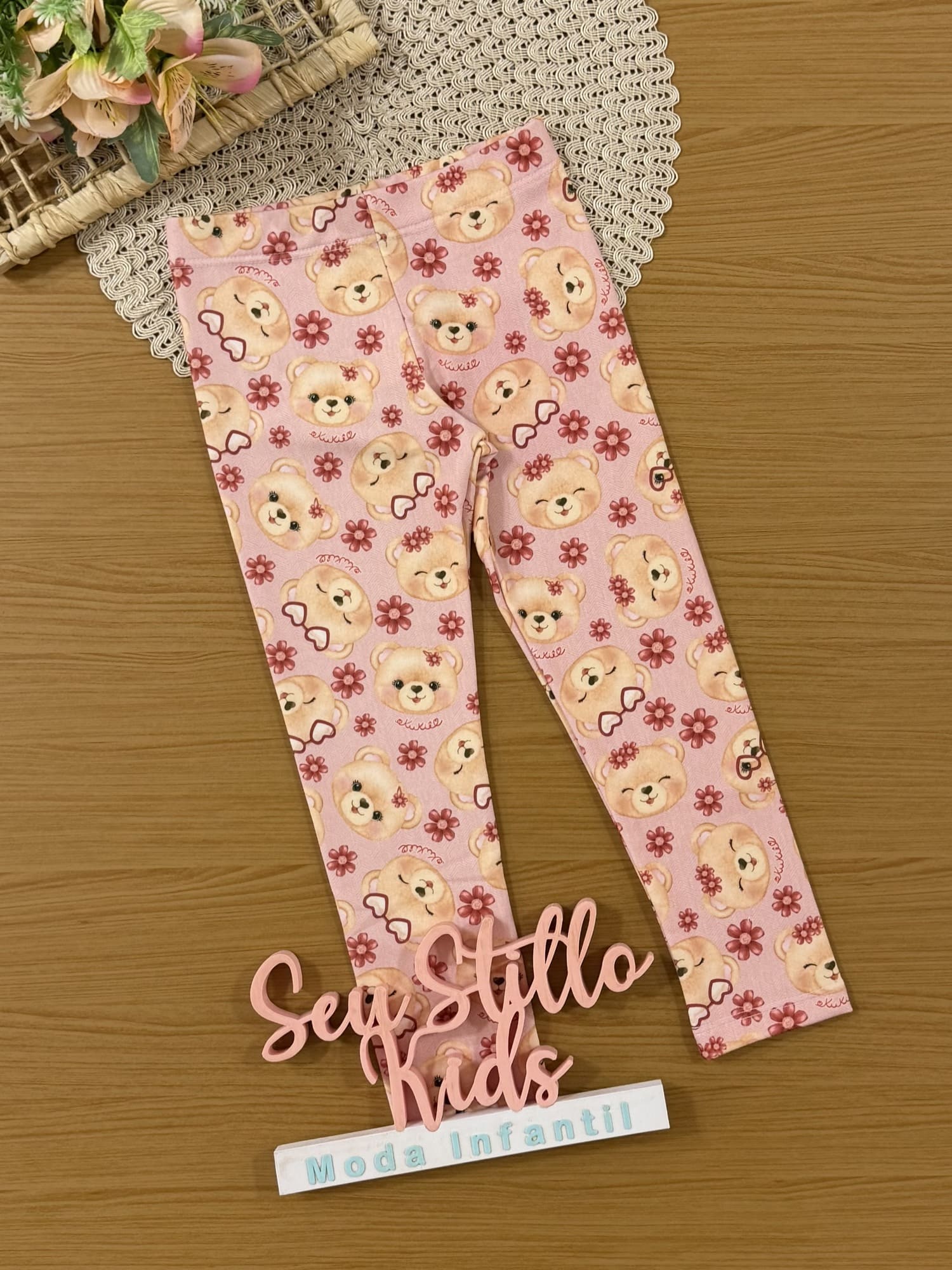 Calça Legging Infantil Kukiê Inverno Rosa Ursinha e Flores