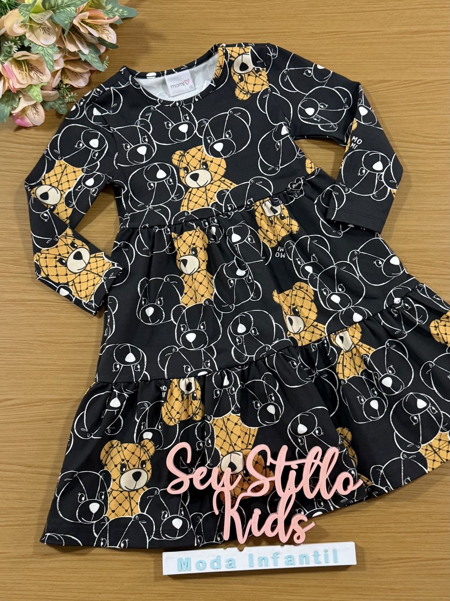 Vestido Infantil Momi Inverno Manga Longa Preto Ursinhos