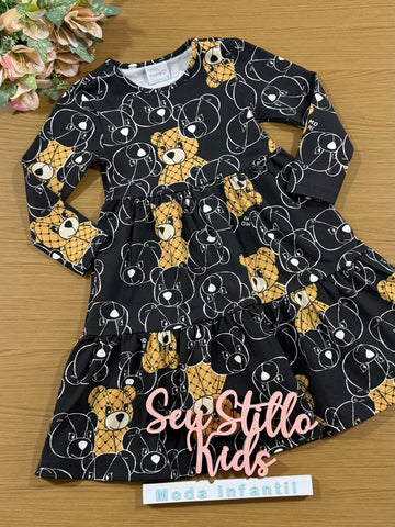 Vestido Infantil Momi Inverno Manga Longa Preto Ursinhos