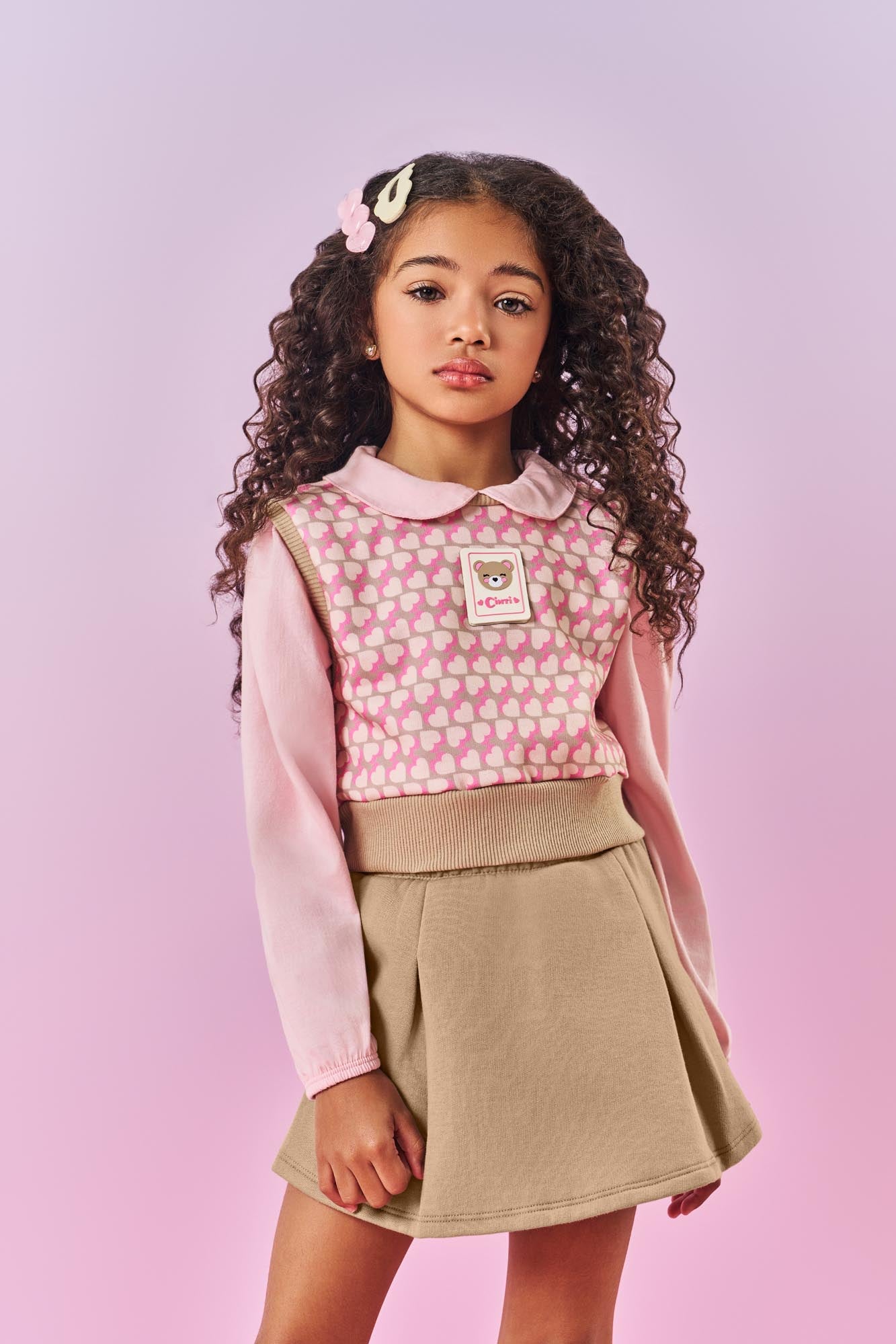 Conjunto Infantil Cinti Inverno Shorts Saia e Blusa Manga Longa com Colete Corações