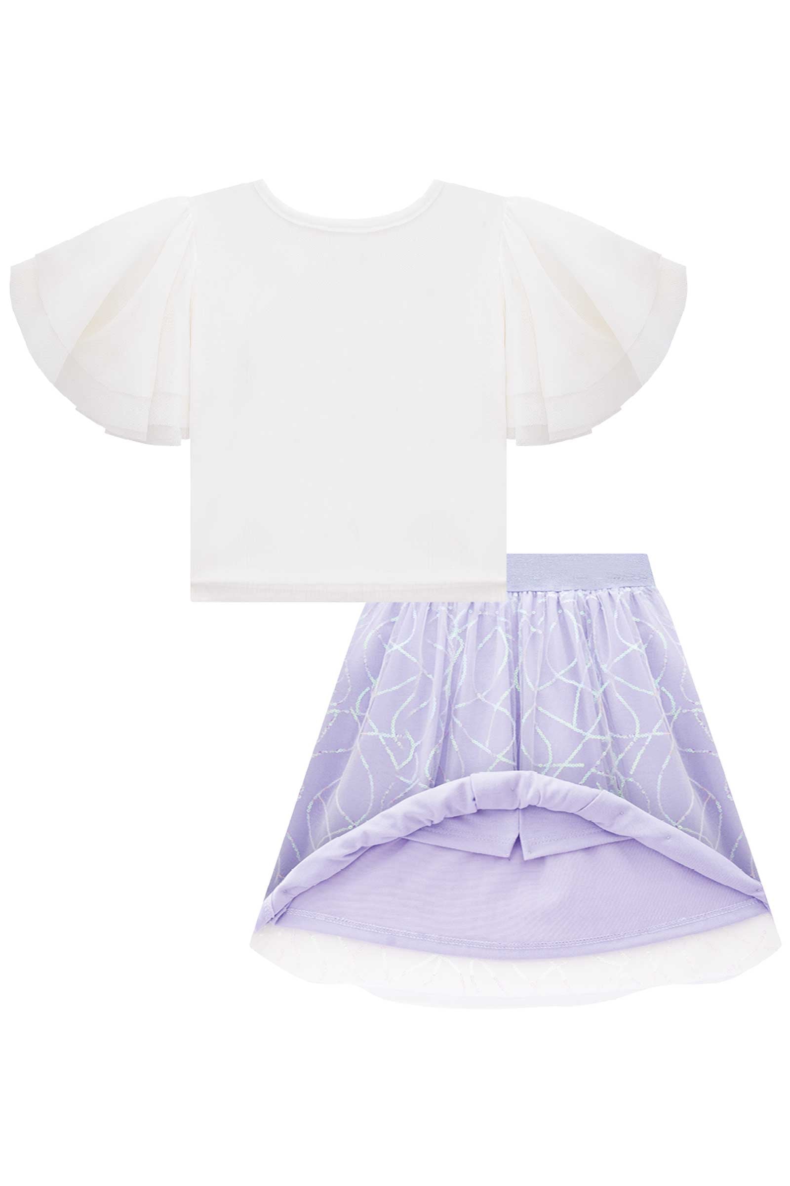 Conjunto Infantil Kukie Verão Saia Tule Lilás e Blusa Tule Laço