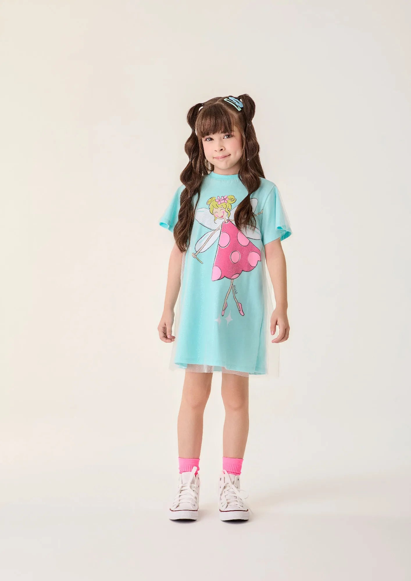 Vestido Infantil Bimbi com Sobreposição em Tule Azul Fadinha