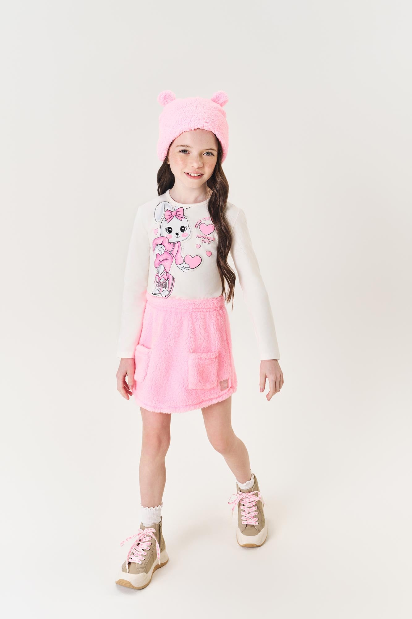 Conjunto Infantil Cinti Inverno Shorts Saia e Blusa Manga Longa Branca Coelhinha