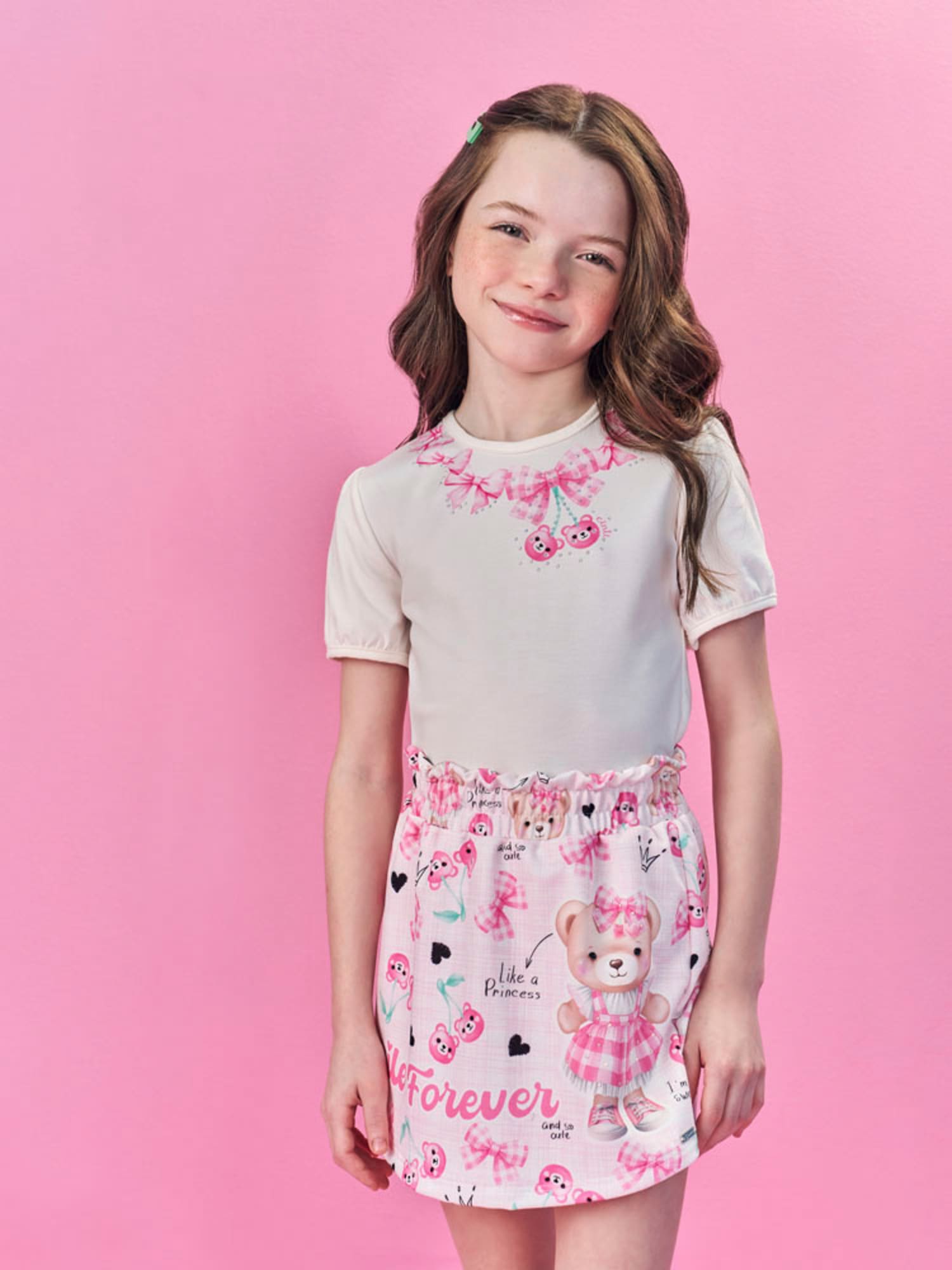 Conjunto Infantil Cinti Verão com Shorts Saia Rosa e Blusa Branca Lacinhos