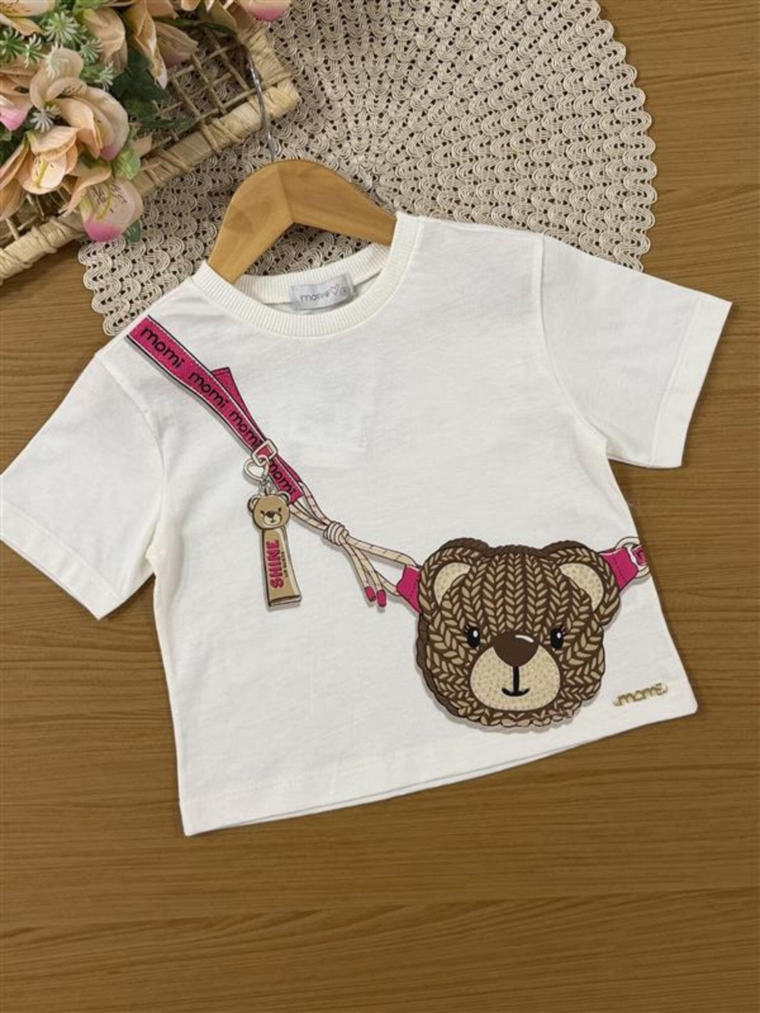 Conjunto Infantil Momi Inverno com Shorts Saia Rosa e Busa Manga Curta Ursinha Bolsinha